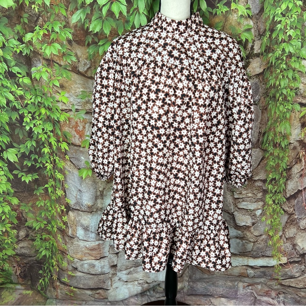 ANTHROPOLOGIE Quiet Luxury Cocoa Star Dot Print Mini Swing Dress, L - Picture 3 of 10